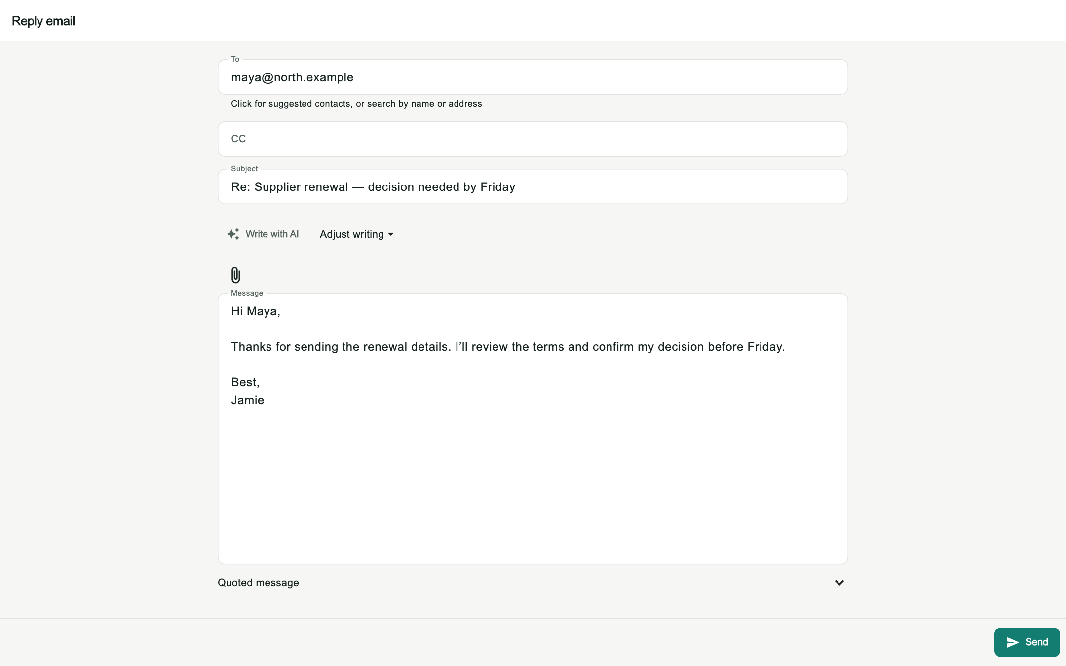 Current EmailDJ Review your reply screen, with fictional sample data