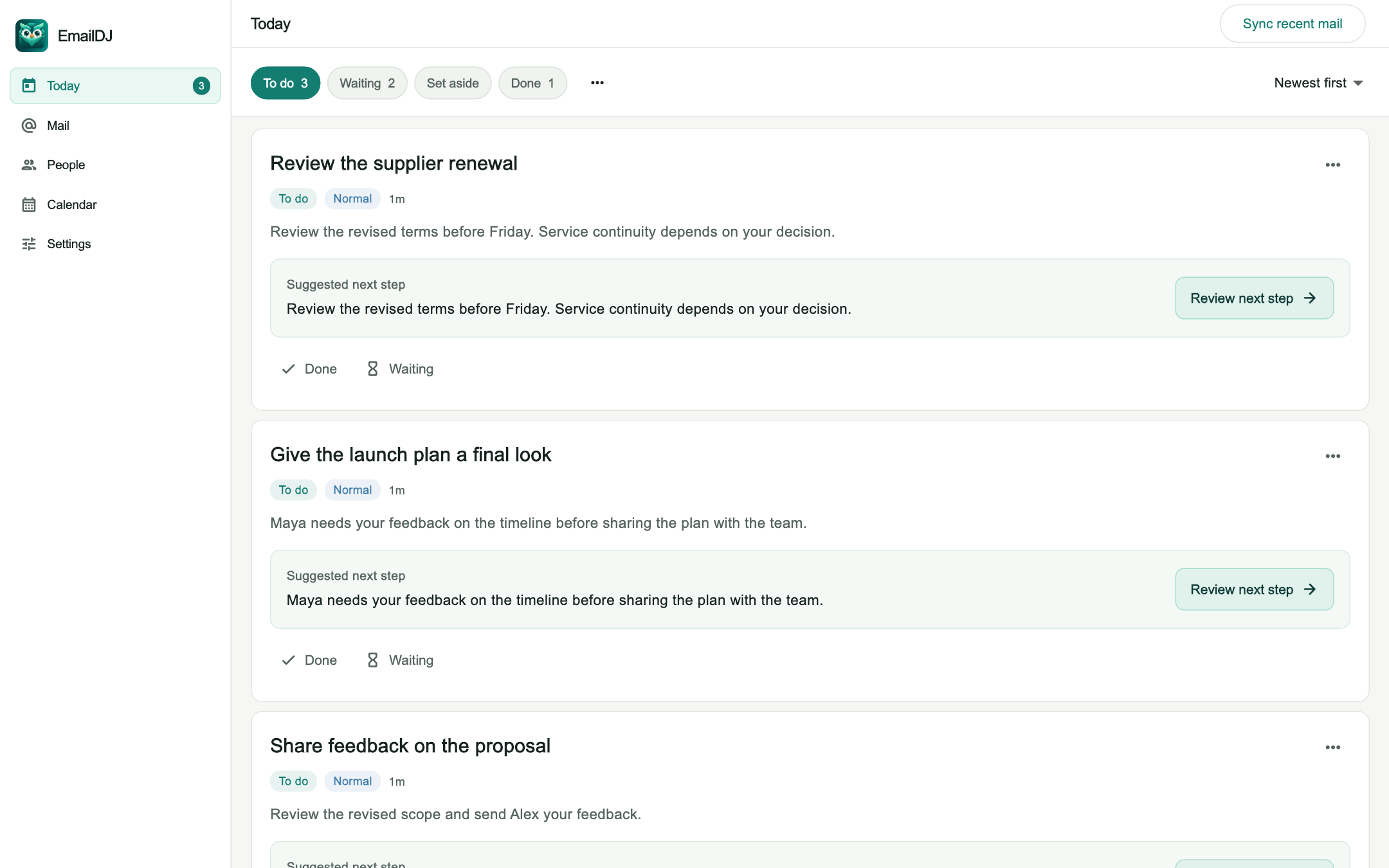 Current EmailDJ Know your next move screen, with fictional sample data